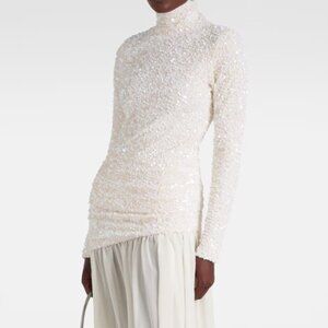 Xu Zhi White Sequined Top and Sequined Layered Maxi Skirt Set